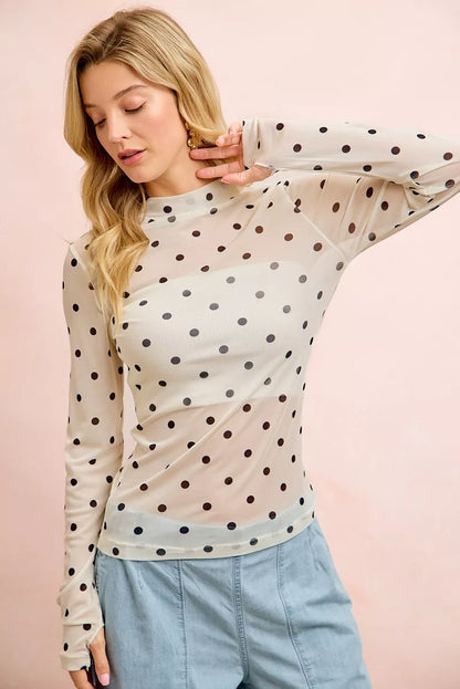 Ivory and black BiBi high neck mesh top with polka dots and thumb open design, stylish Trendsi women's fashion top.