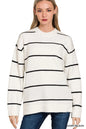 Ivory and black Zenana round neck stripe sweater with long sleeves, casual knit design, from Trendsi.