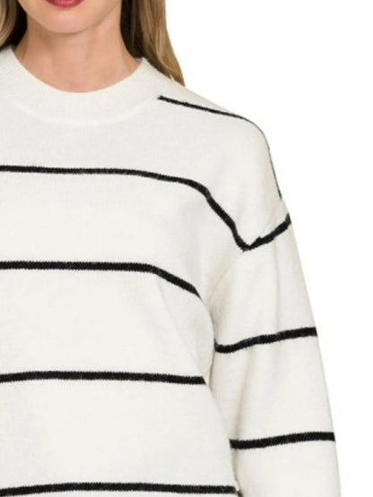 Ivory and black Zenana round neck stripe sweater with long sleeves, stylish and cozy for casual wear.