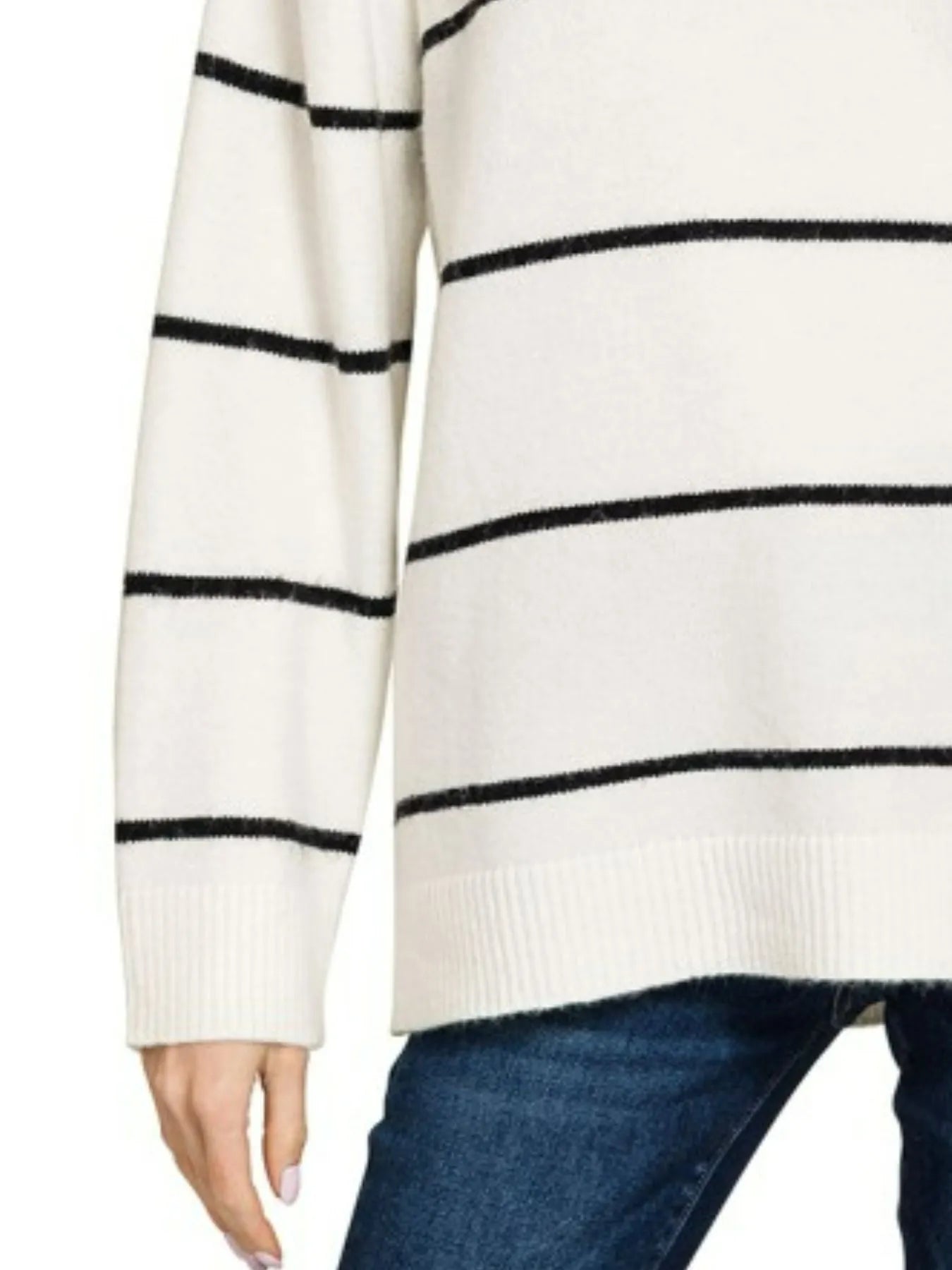 Ivory and black Zenana round neck stripe sweater with long sleeves, casual knit design by Trendsi.
