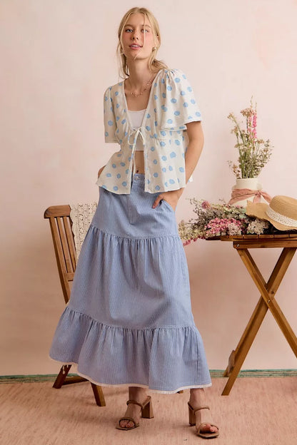 Ivory and blue SO ME shell print blouse top with tie front and flutter sleeves, casual and stylish Trendsi fashion.