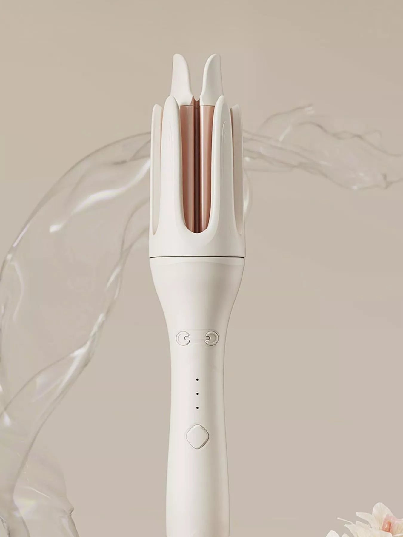 Trendsi automatic rotating ceramic curling iron in ivory with European plug, showcasing its ergonomic design and rotating barrel.