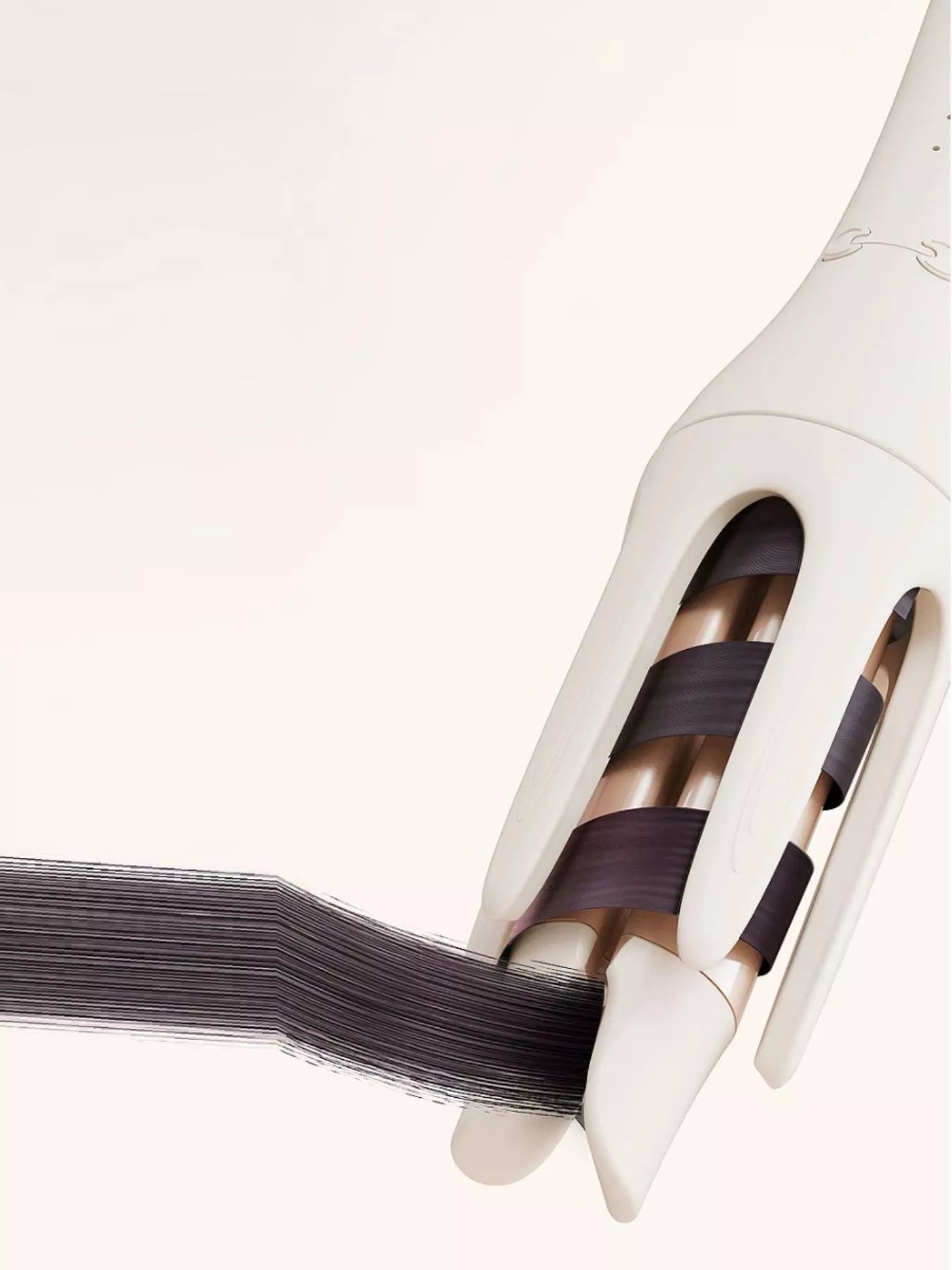Trendsi automatic rotating ceramic curling iron with ivory finish and European plug, showing its ergonomic handle and rotating barrel.