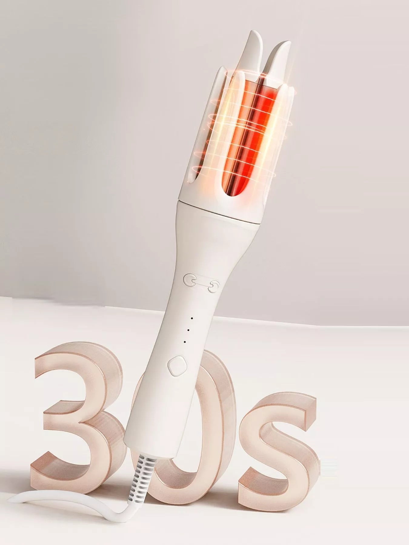 Trendsi automatic rotating ceramic curling iron with ivory finish and European plug, showcasing its rotating barrel and ergonomic handle.