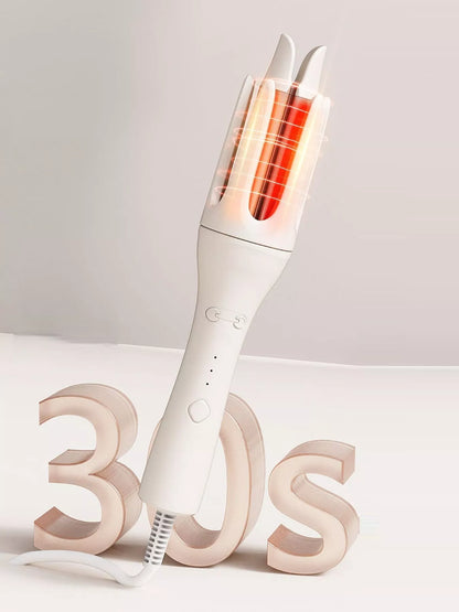 Trendsi automatic rotating ceramic curling iron with ivory finish and European plug, showcasing its rotating barrel and ergonomic handle.