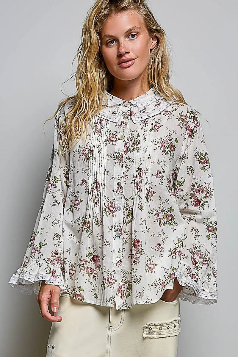 Ivory floral lace trim pintuck button-down shirt by Trendsi, featuring delicate lace details and a classic collar style.