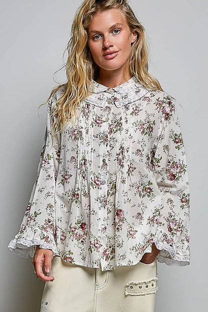 Ivory floral lace trim pintuck button-down shirt by Trendsi, featuring delicate lace details and a classic collar style.