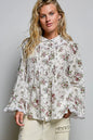 Ivory floral lace trim pintuck button-down shirt by Trendsi, featuring delicate lace details and a classic collar style.