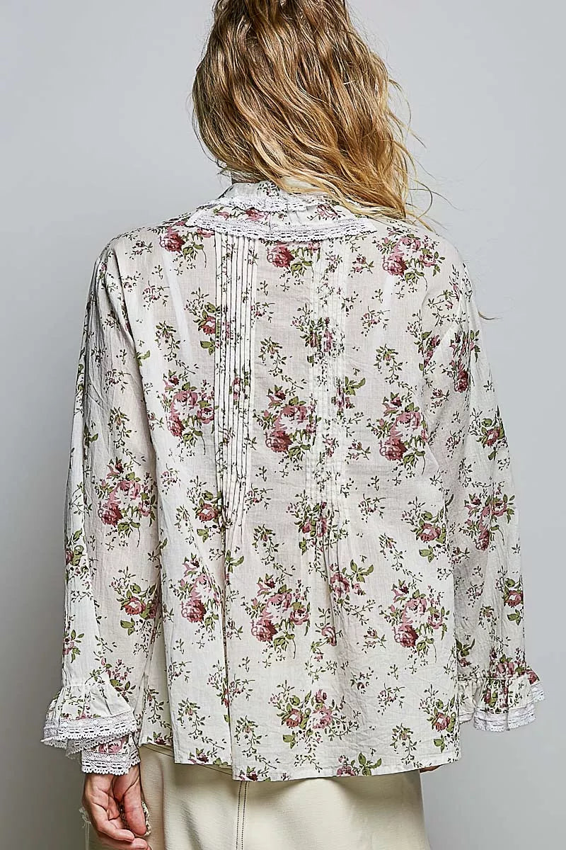 Ivory POL floral lace trim pintuck button-down shirt by Trendsi, featuring delicate floral lace accents and a classic fit.
