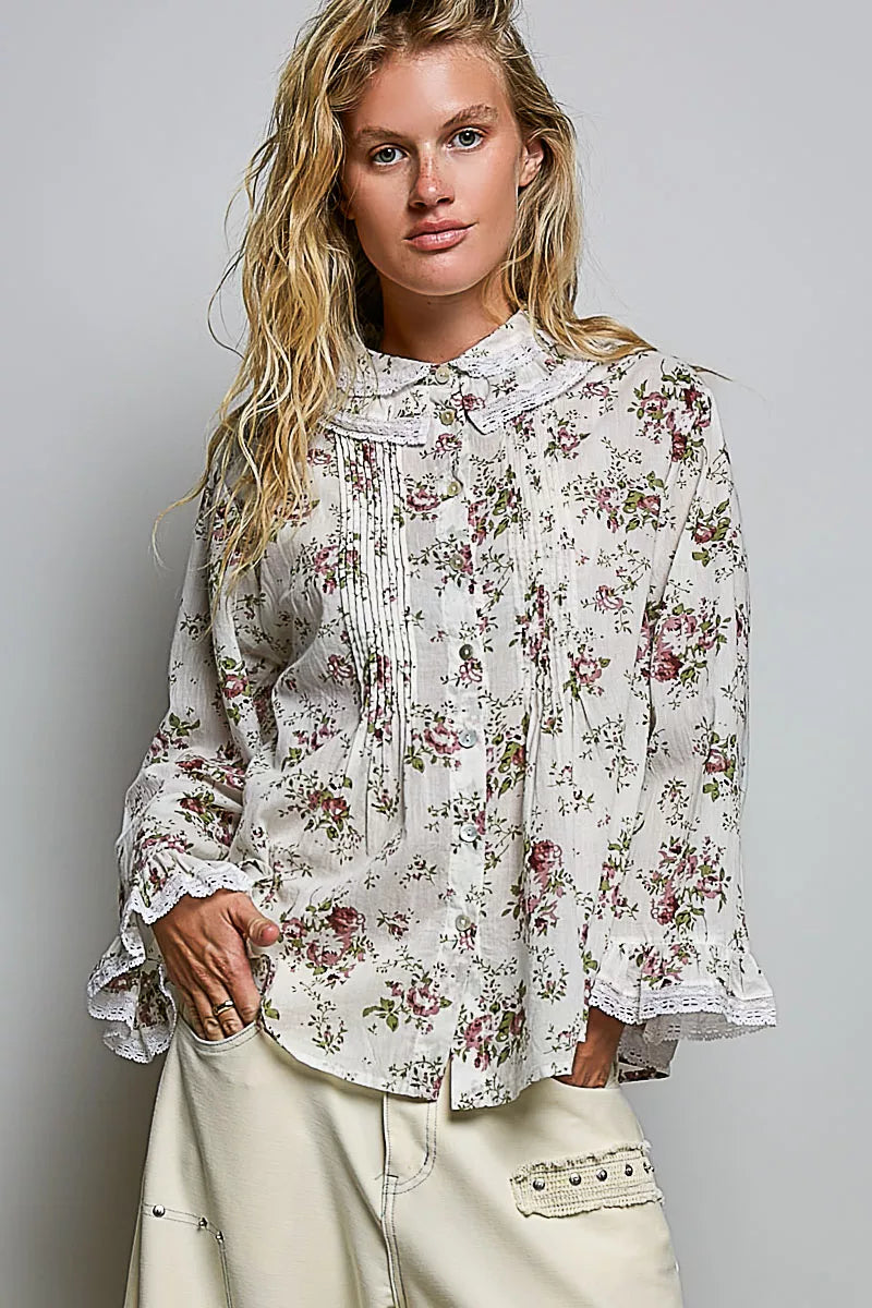 Ivory floral lace trim pintuck button-down shirt by Trendsi, featuring delicate lace details and a classic fit.