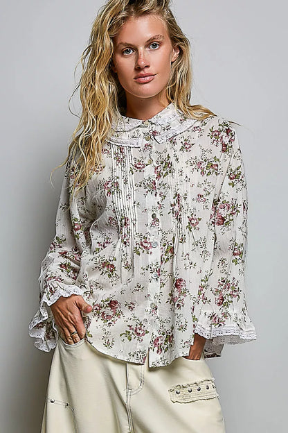 Ivory floral lace trim pintuck button-down shirt by Trendsi, featuring delicate lace details and a classic fit.