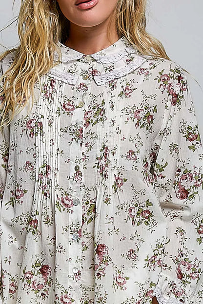 Ivory floral lace trim pintuck button-down shirt by Trendsi, featuring delicate lace details and a classic fit.