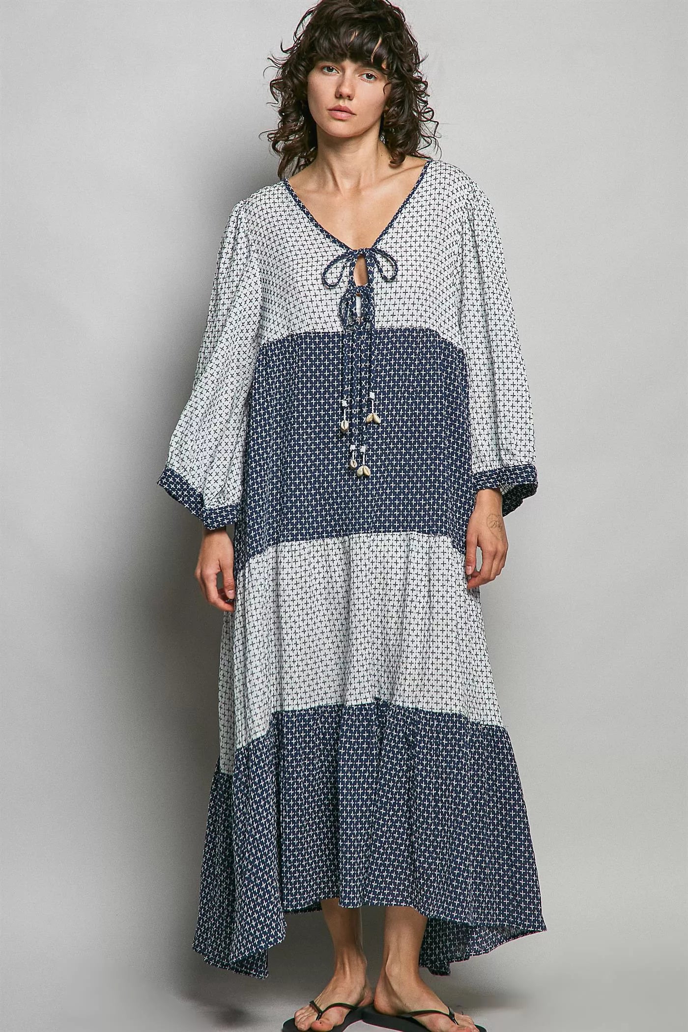 Ivory and indigo POL tiered boho maxi dress by Trendsi, featuring two-tone design and flowing layered skirt.