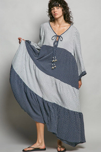 Ivory and indigo POL tiered boho maxi dress by Trendsi, featuring a two-tone design with flowing layers and bohemian style.