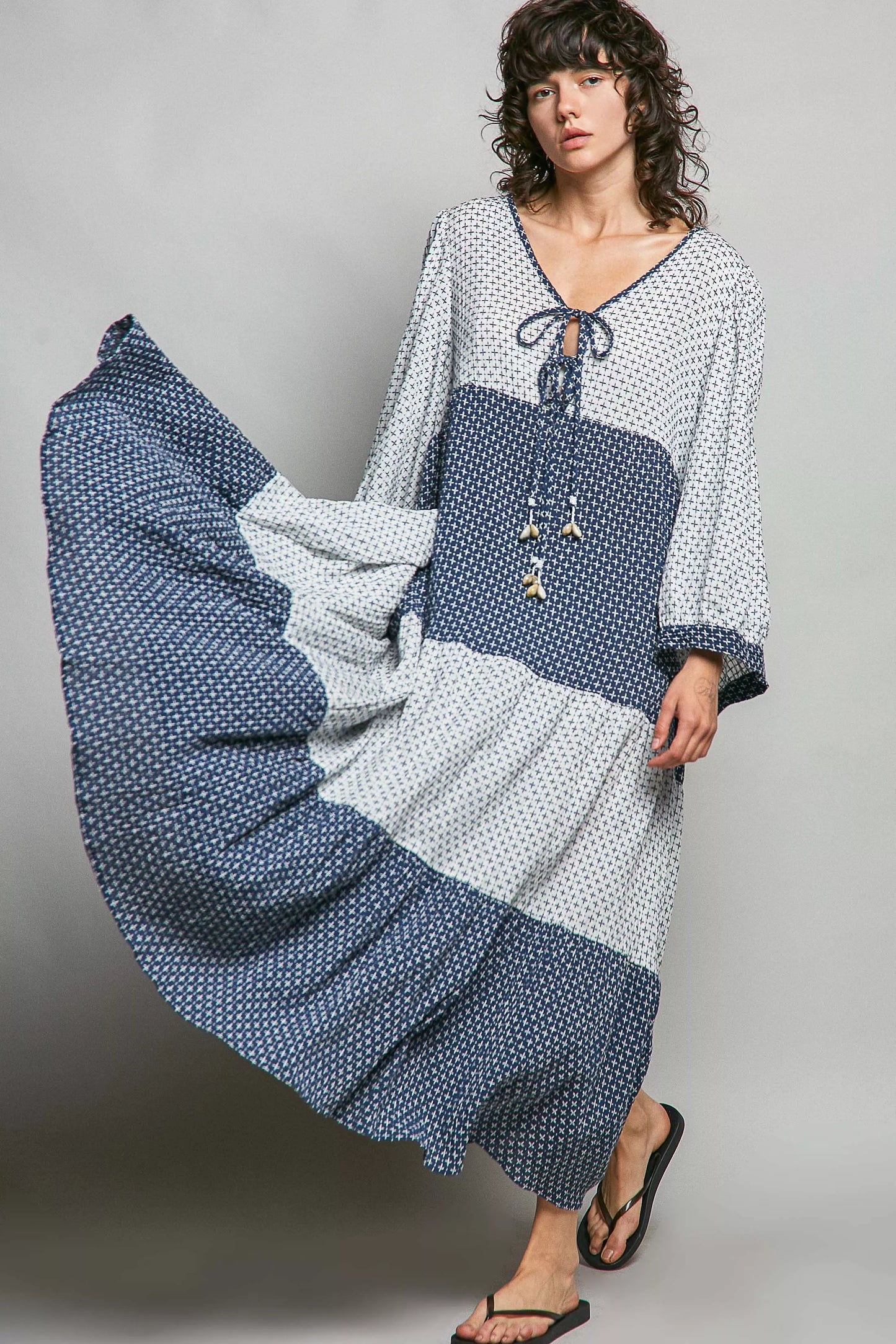 Ivory and indigo POL tiered boho two-tone maxi dress by Trendsi, flowing bohemian style with layered fabric and relaxed fit.