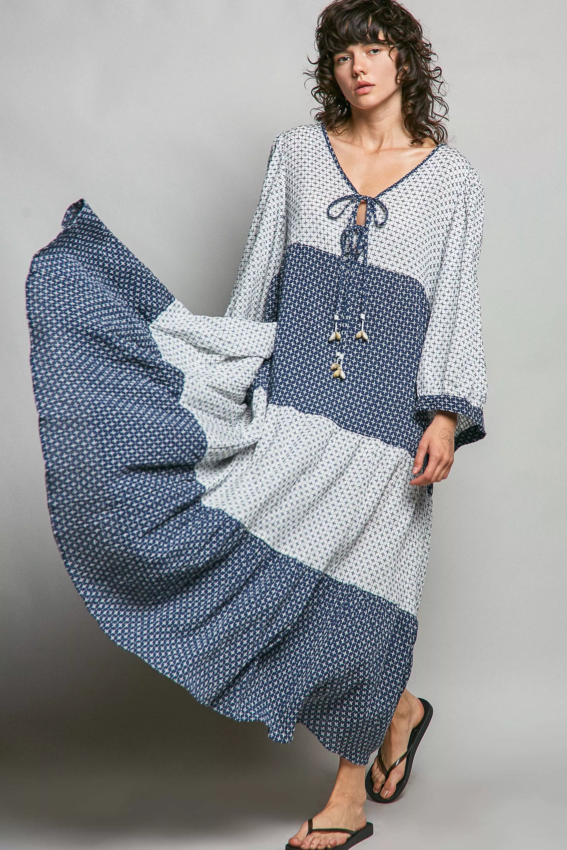 Ivory and indigo POL tiered boho two-tone maxi dress by Trendsi, flowing bohemian style with layered fabric and relaxed fit.