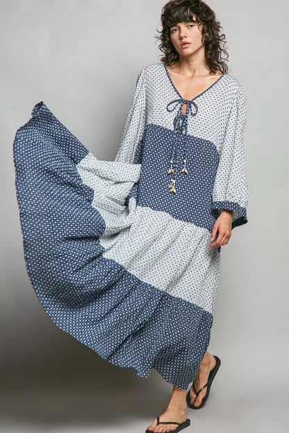 Ivory and indigo POL tiered boho two-tone maxi dress by Trendsi, flowing bohemian style with layered fabric and relaxed fit.