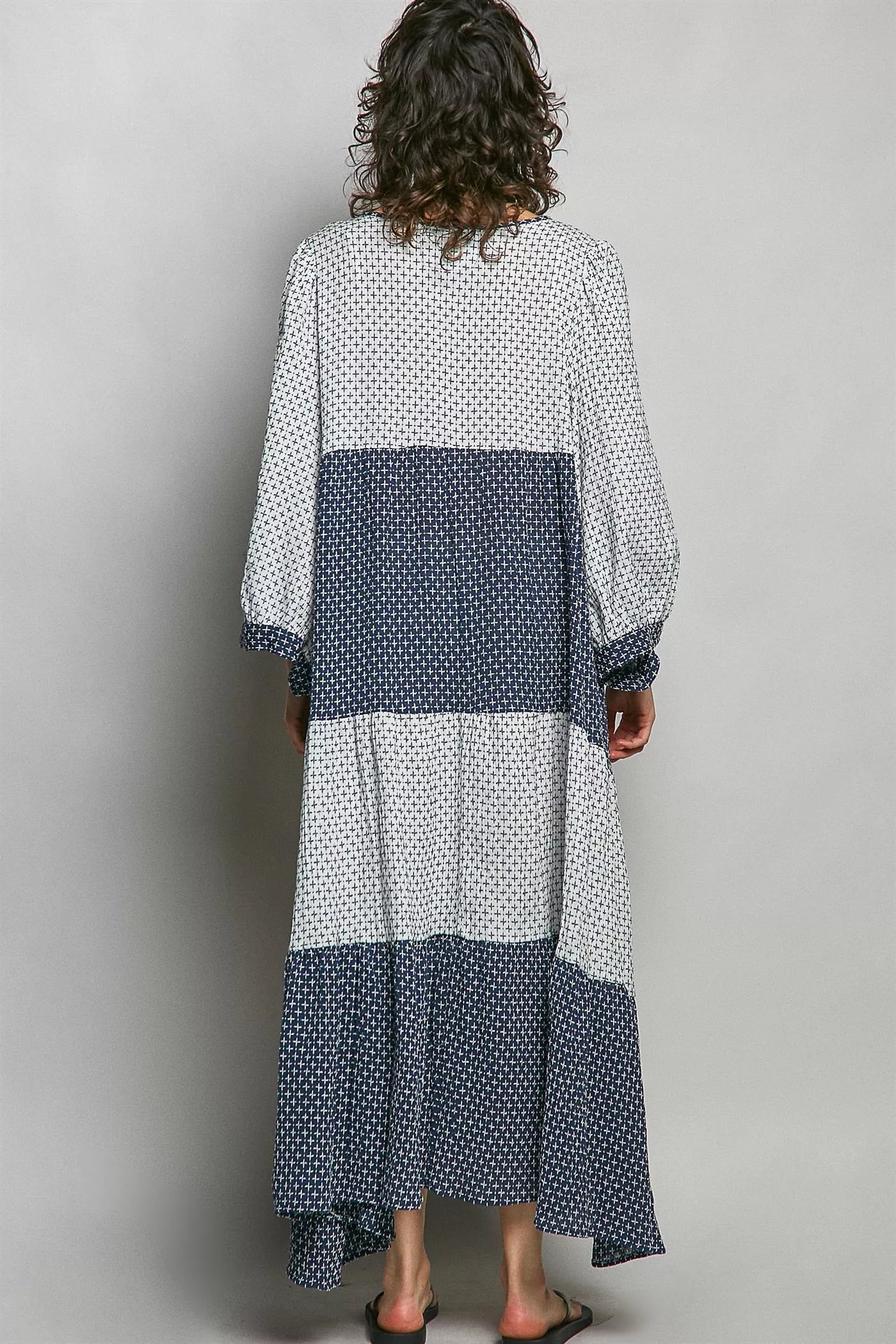 Ivory and indigo tiered boho maxi dress from Trendsi featuring a two-tone design and flowing silhouette.