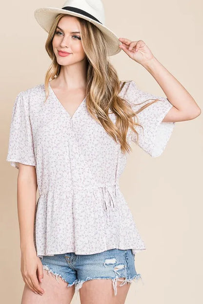Ivory lavender Lime 'N' Chili ditsy print V-neck short sleeve wrap blouse by Trendsi, showcasing the floral pattern and elegant fit.