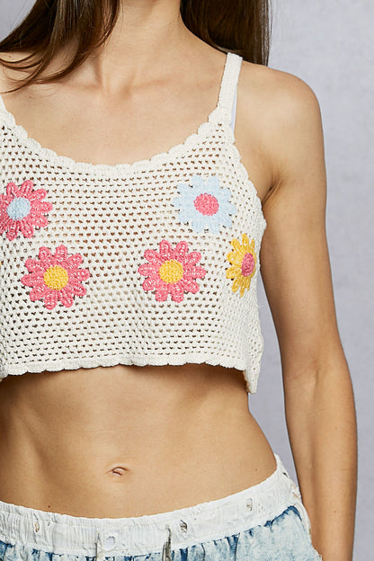 Ivory multi U-neck cropped crochet cami by Trendsi with floral embroidery detail, lightweight and stylish for layered summer looks.