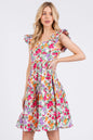 Ivory multi flower print ruffle shoulder A-line mini dress by Mittoshop, stylish and feminine with a flowy silhouette.