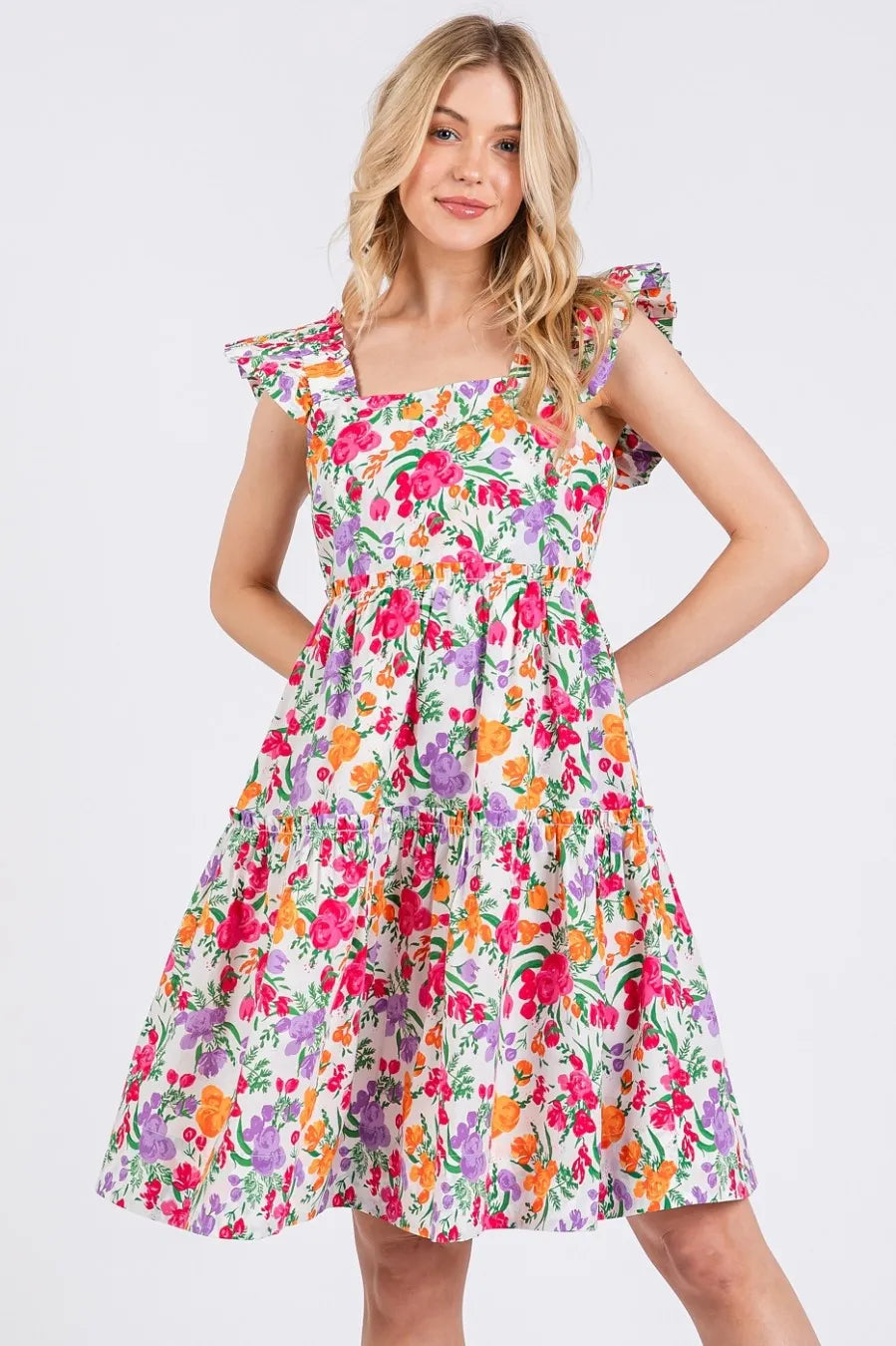 Ivory multi flower print ruffle shoulder A-line mini dress by Mittoshop, featuring a stylish floral pattern and flared silhouette.