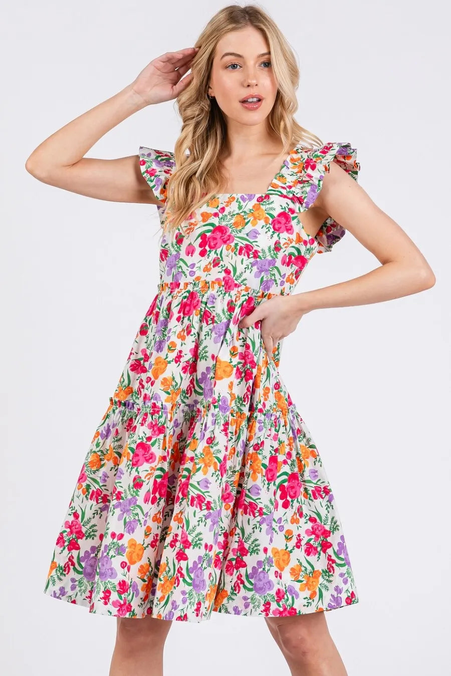 Ivory multi-color flower print ruffle shoulder A-line mini dress by Mittoshop, featuring a feminine floral pattern and ruffle details.