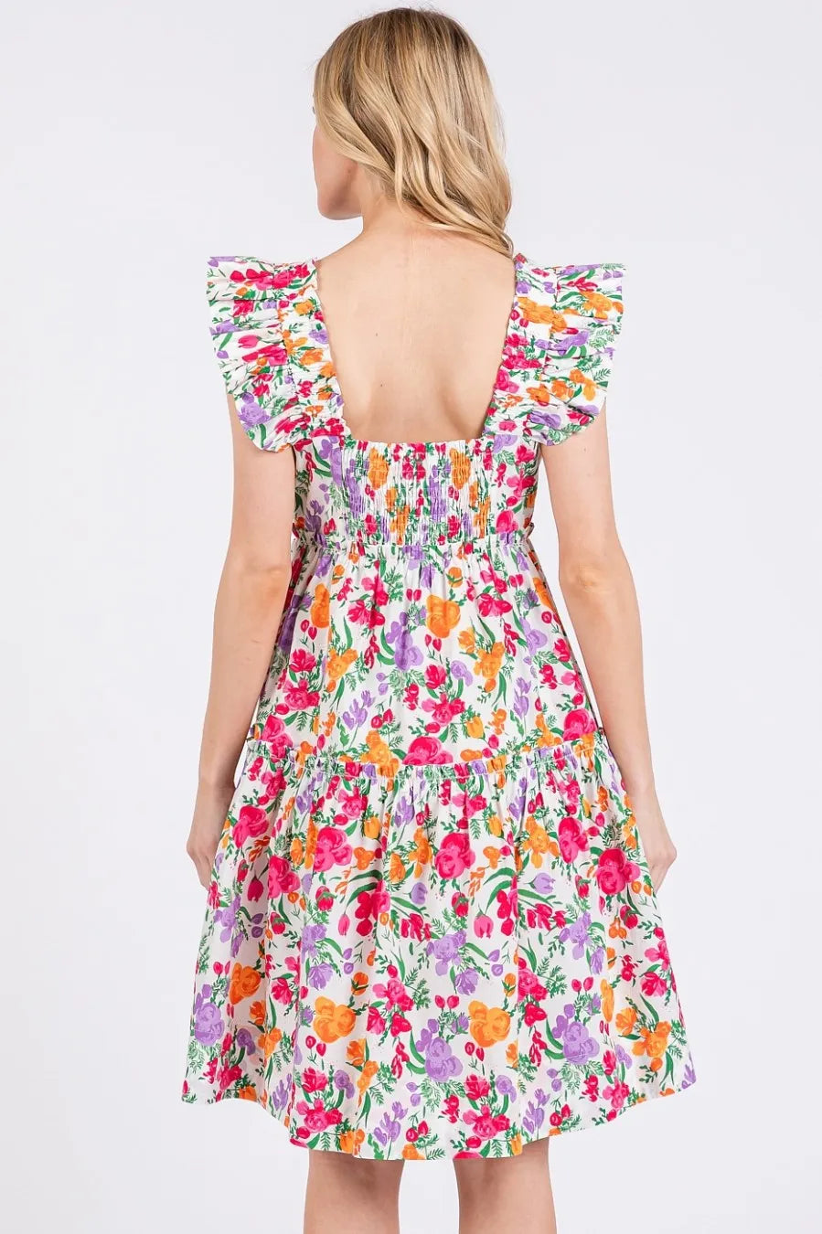 Ivory multi-color flower print ruffle shoulder A-line mini dress by Mittoshop, featuring a stylish and feminine design.