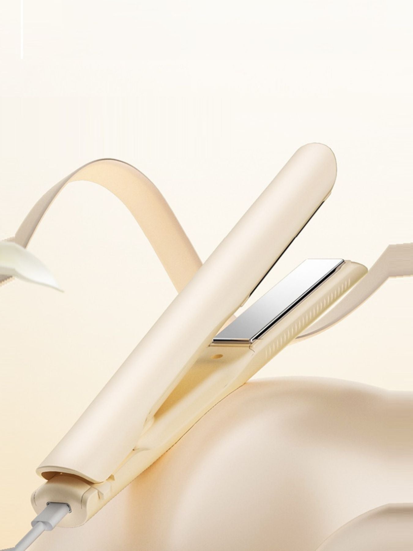 Trendsi cordless rechargeable hair straightener in ivory, showing sleek design and compact size for easy styling.
