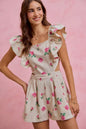 Trendsi ivory pink floral print denim romper with cut-out waist and ruffled details, perfect for casual summer wear.