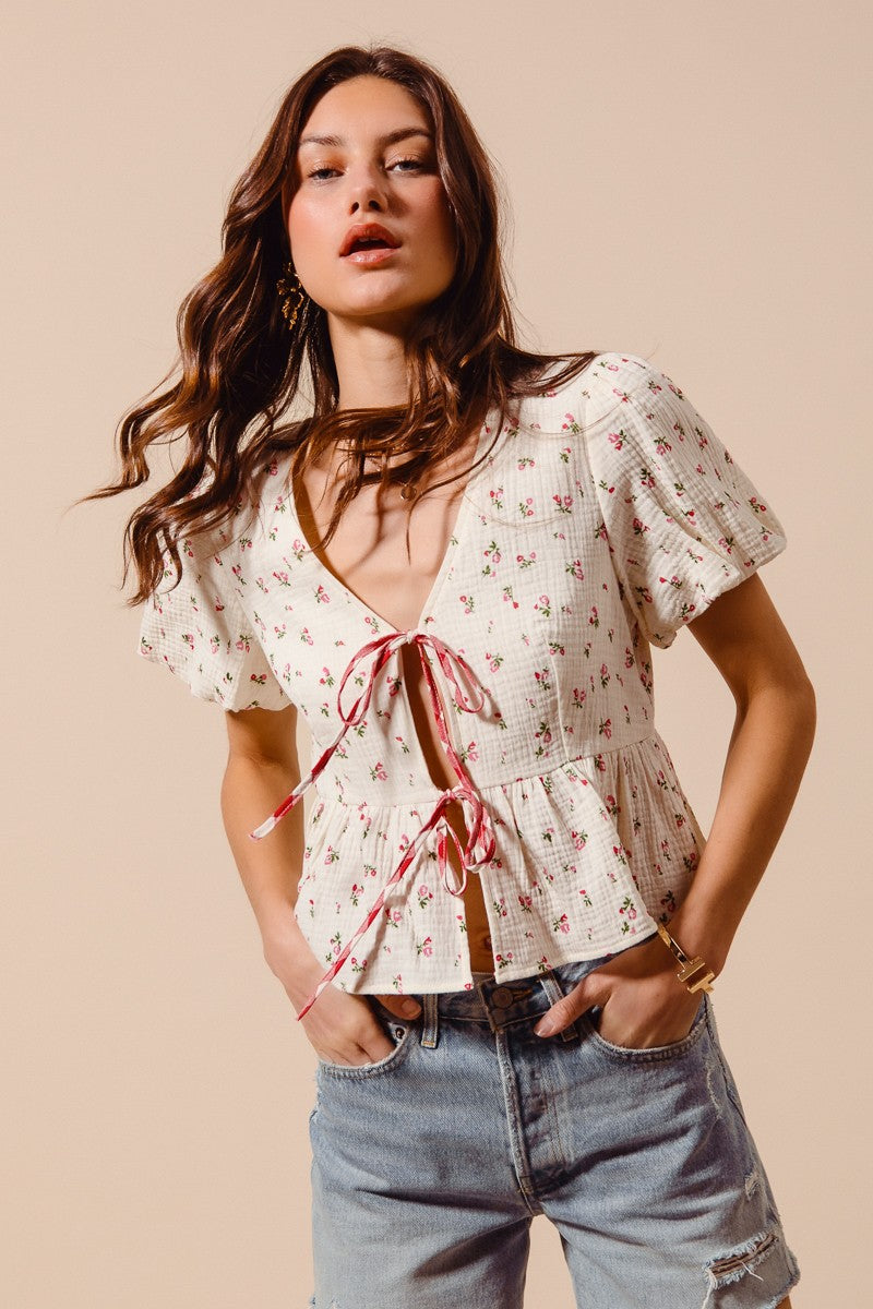 Ivory and red check SO ME ditsy floral print gauze tie-front blouse by Trendsi, featuring a lightweight, flowy fabric and feminine design.