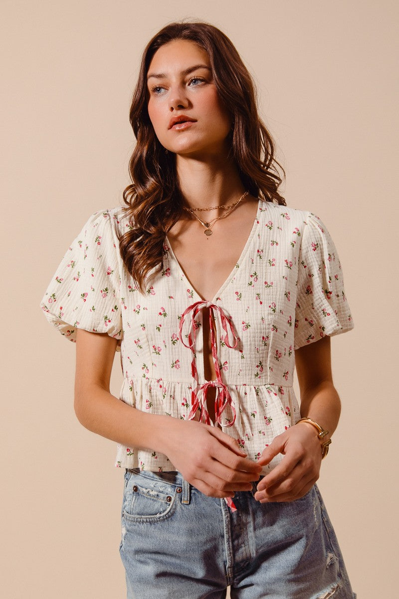 Ivory and red check SO ME ditsy floral print gauze tie-front blouse by Trendsi, featuring a lightweight, flowy fabric and floral details.