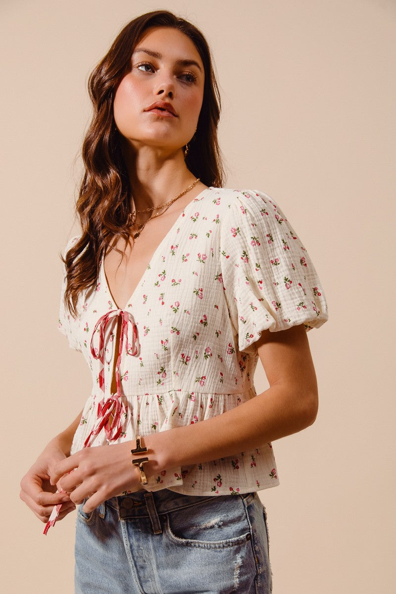 Ivory and red check SO ME ditsy floral print gauze tie-front blouse by Trendsi, featuring lightweight fabric and floral design.