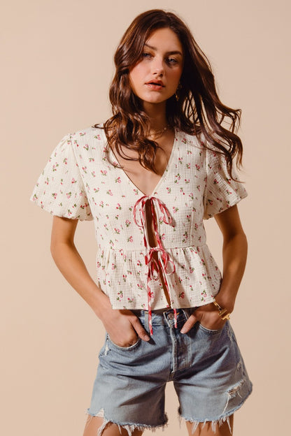 Ivory and red check SO ME ditsy floral print gauze tie-front blouse by Trendsi, featuring a relaxed fit and delicate floral details.