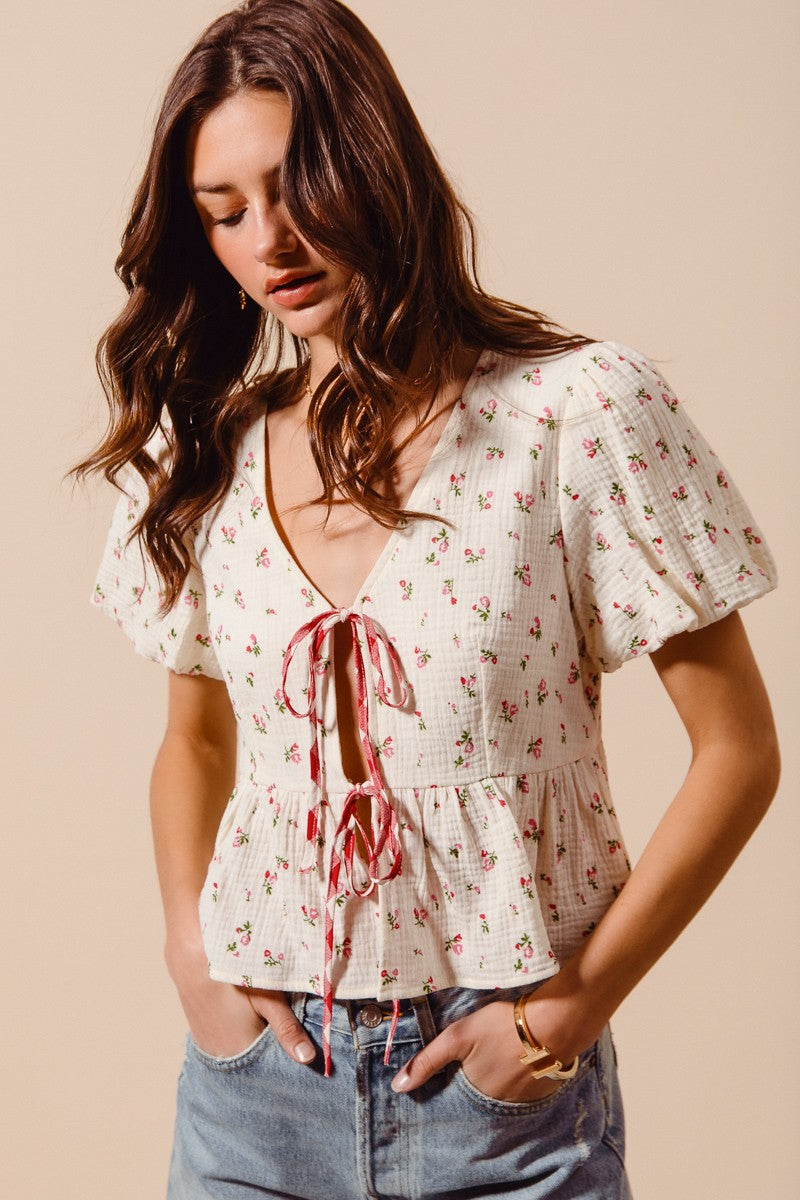 Ivory and red check SO ME ditsy floral print gauze tie-front blouse by Trendsi, featuring a relaxed fit and floral pattern.