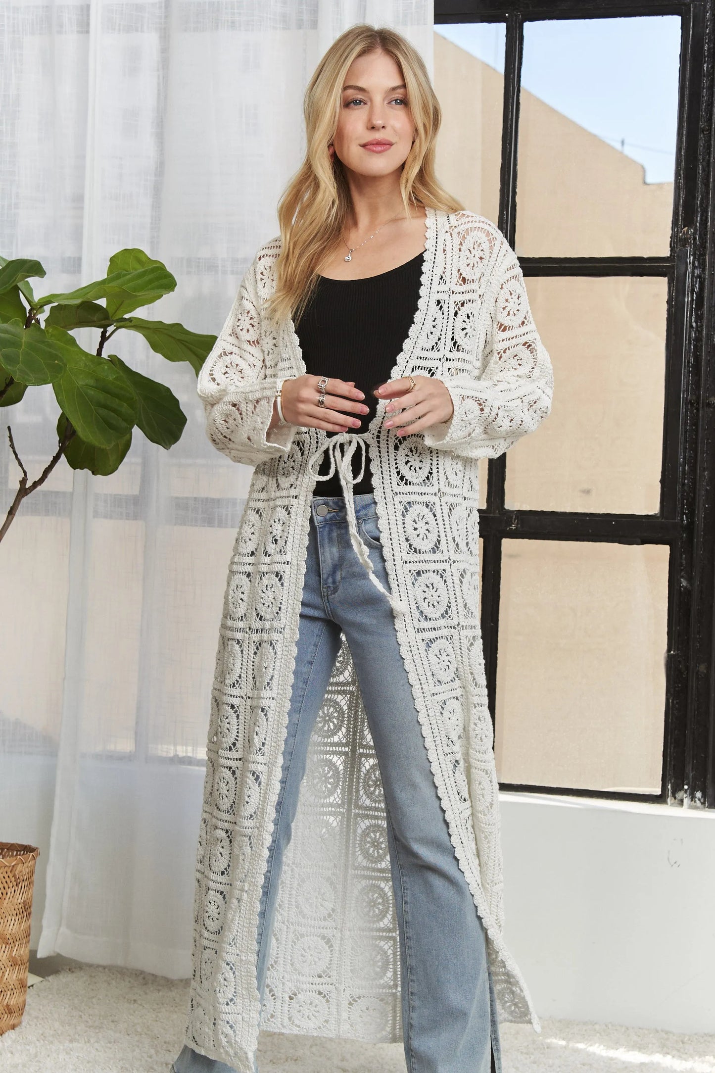 Ivory ADORA long sleeves crochet elastic cardigan by Trendsi, featuring a lightweight, textured crochet design with fitted long sleeves.