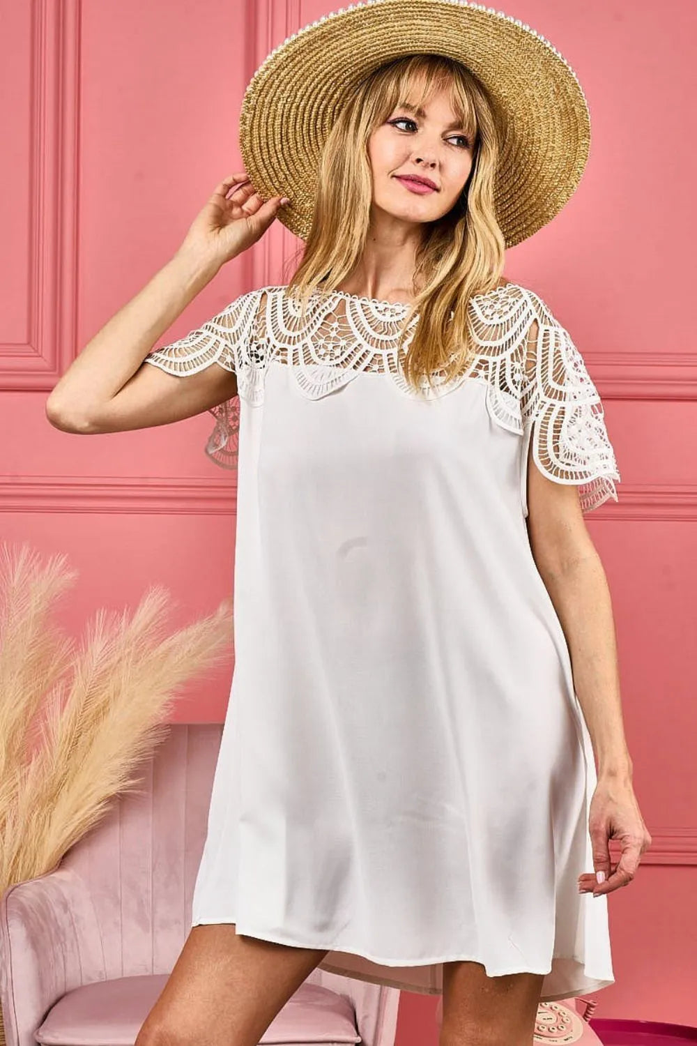 Ivory BiBi crochet lace yoke detailed dress with wrinkled fabric, featuring intricate lace design and relaxed fit, by Trendsi.