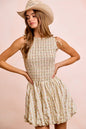 Ivory BiBi floral bow tie attachable puff sleeves dress by Trendsi, featuring a feminine floral pattern and elegant puff sleeve design.