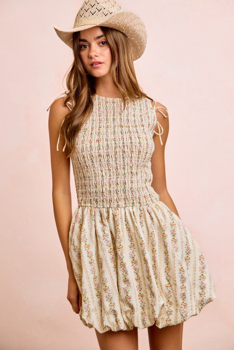 Ivory BiBi Floral Bow Tie Attachable Puff Sleeves Dress by Trendsi, featuring a floral pattern and elegant puff sleeves.