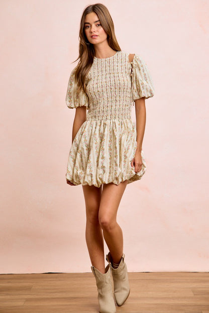 Ivory BiBi Floral Bow Tie Attachable Puff Sleeves Dress by Trendsi, featuring a floral pattern and elegant puff sleeves.