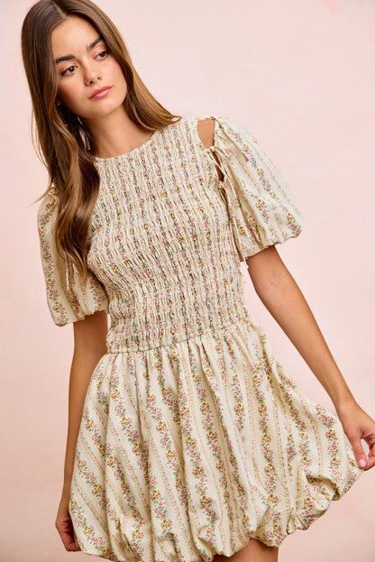Ivory floral dress by Trendsi with attachable puff sleeves and a bow tie detail, featuring a stylish and feminine design.