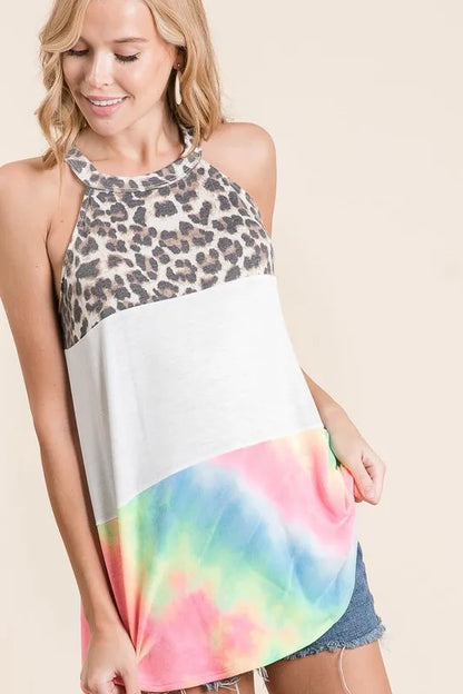 BiBi Leopard and Tie Dye Block Halter Neck Top by Trendsi, featuring a stylish halter neckline with leopard and tie dye color blocks.