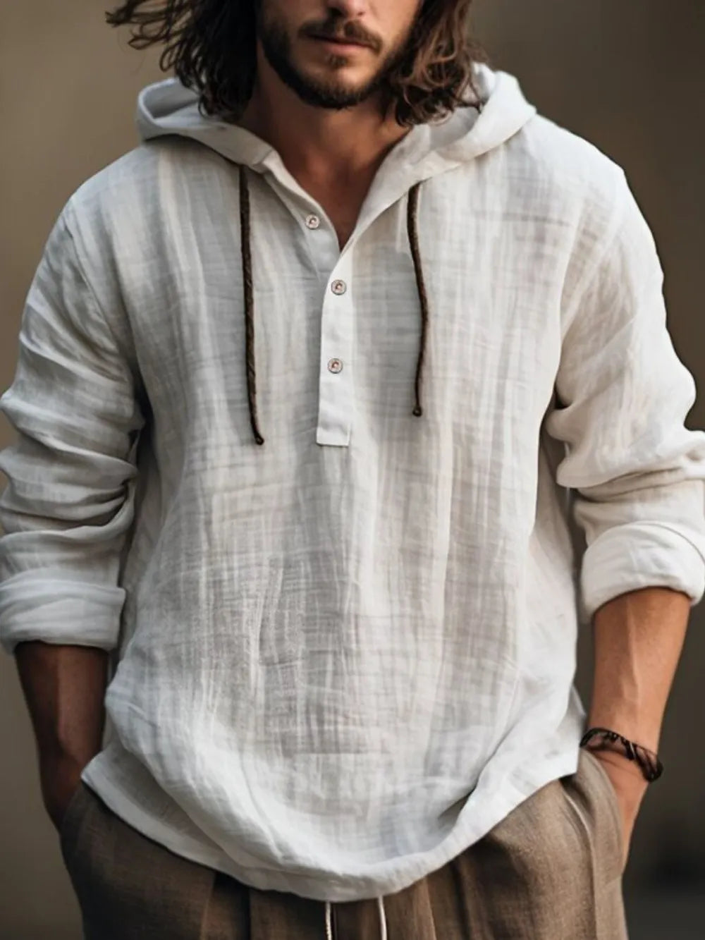 Men's ivory long sleeve hoodie with half button front, full size, from Trendsi, featuring a casual, comfortable design.