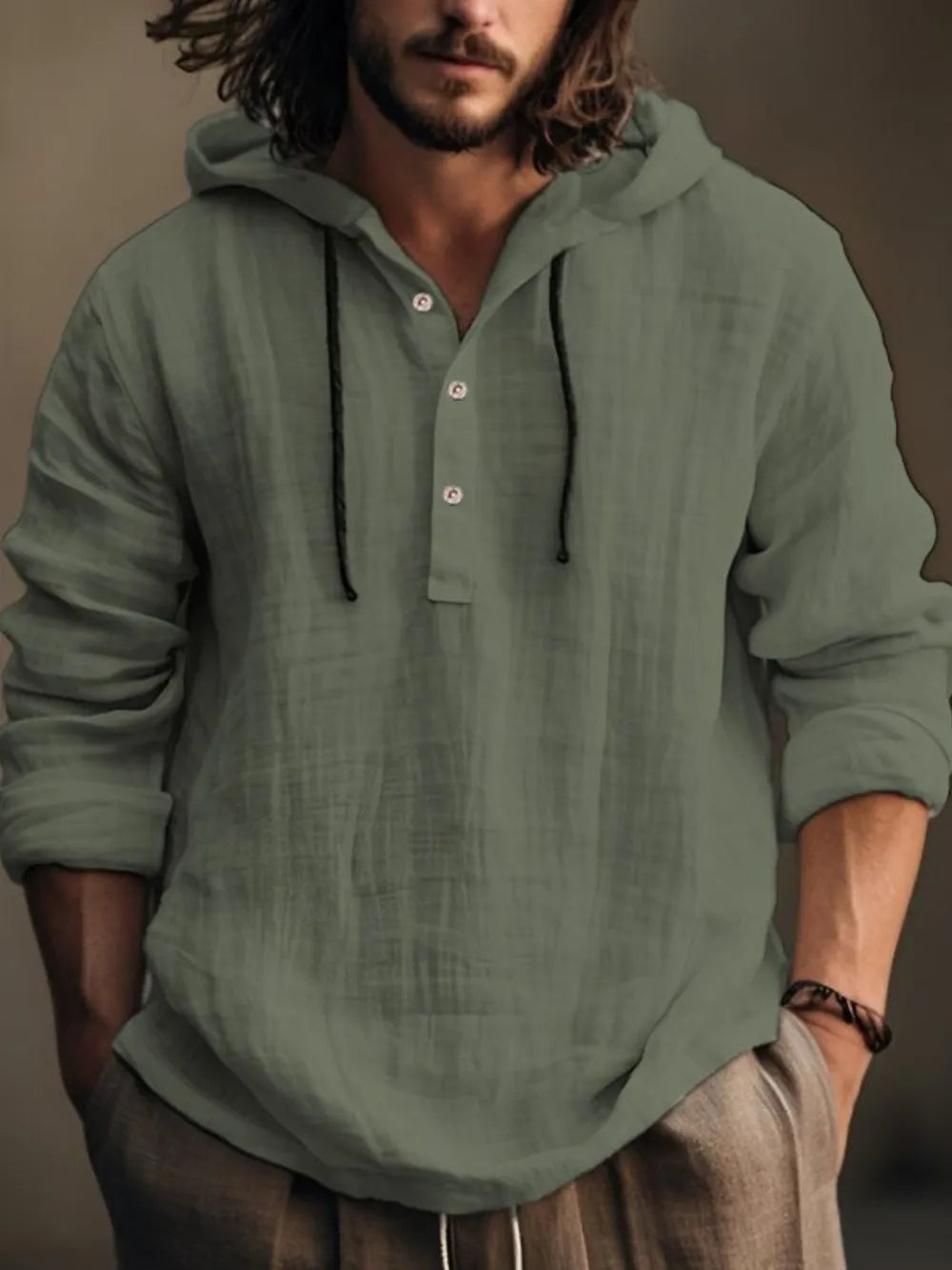 Men's ivory long sleeve hoodie with half button front, full size, from Trendsi, featuring a casual and comfortable design.