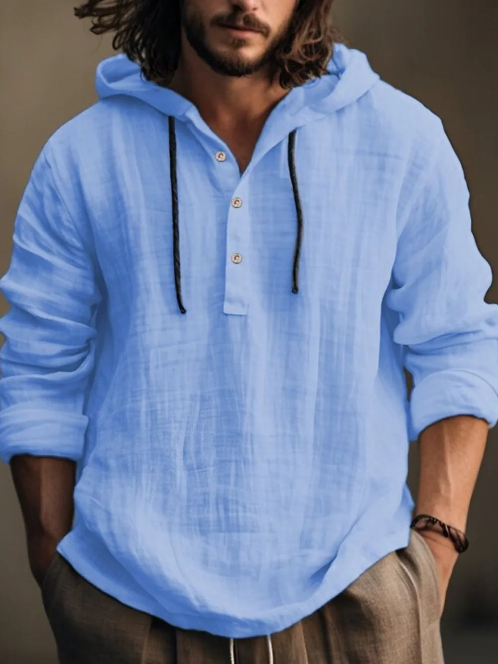 Men's ivory long sleeve hoodie with half button front, full size from Trendsi, featuring a casual, comfortable design.