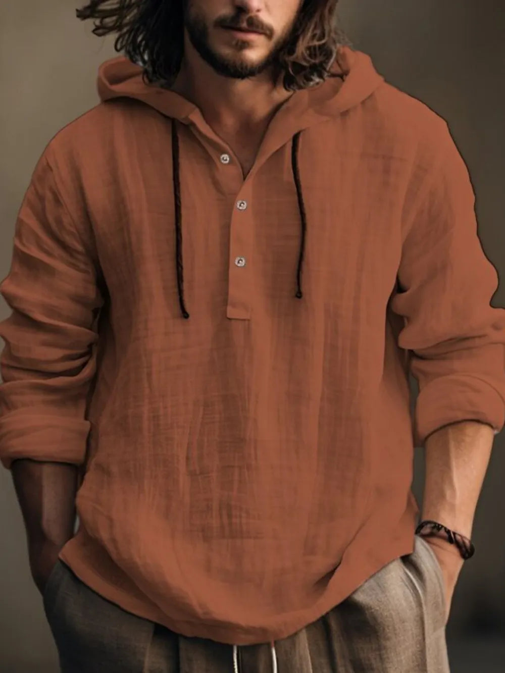 Men's ivory long sleeve hoodie with half-button front, full size from Trendsi, featuring a casual, relaxed fit and hooded design.