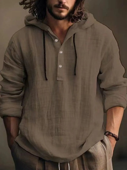Men's ivory full-size long sleeve hoodie with half-button front, designed by Trendsi, featuring a casual and comfortable style.