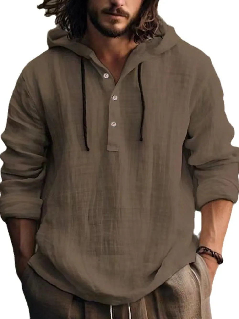 Men's ivory long sleeve hoodie with half button front, full size, featuring a casual fit and comfortable design by Trendsi.