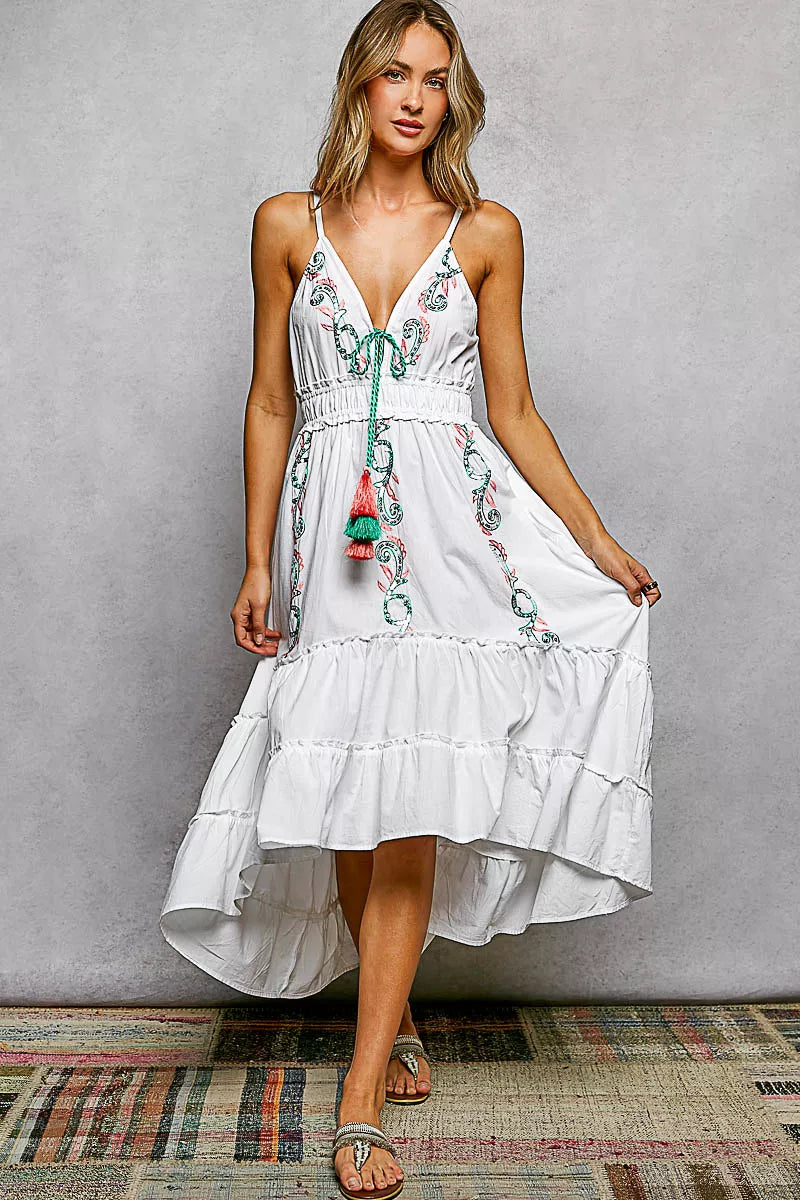 Ivory midi tiered cami dress by Trendsi with embroidered details, tassel tie, smocked waist, and sleeveless design.