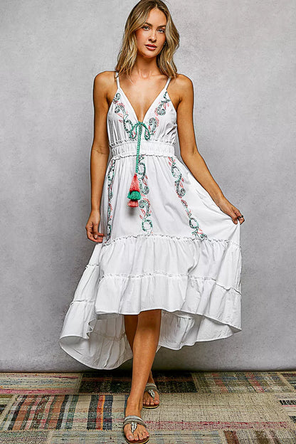 Ivory midi tiered cami dress by Trendsi with embroidered details, tassel tie, smocked waist, and sleeveless design.